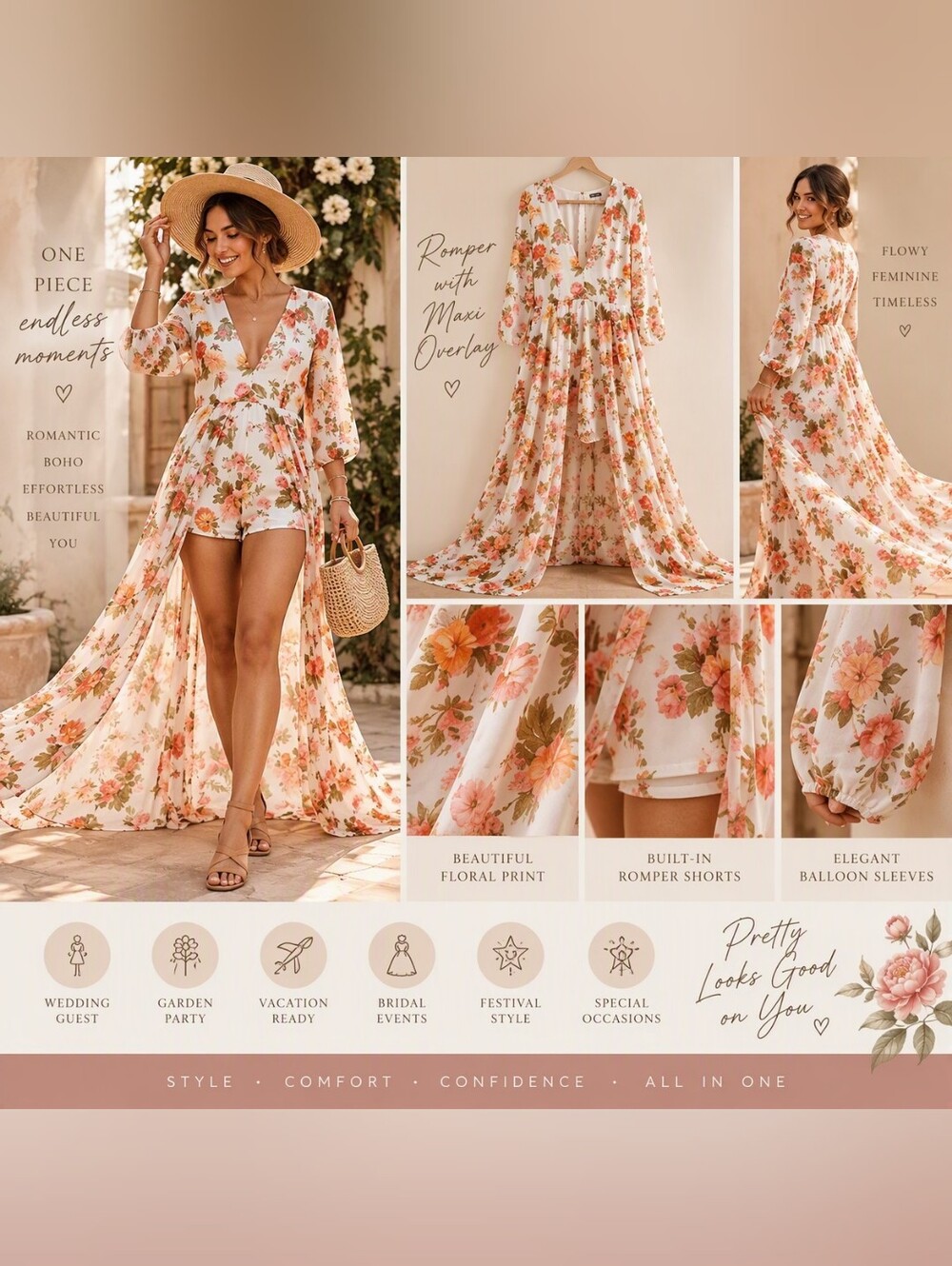 UK2LA Floral Romper Maxi Dress with Train Overlay – Size Large (L)